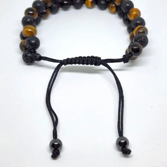 Natural Tiger Eye Black Lava Stone Double Strand Adjustable Lariat Bracelet